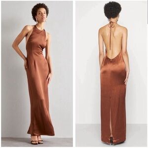 Staud Janet Satin Halter Maxi Dress Open Back Clove Brown Size 0 Long Formal